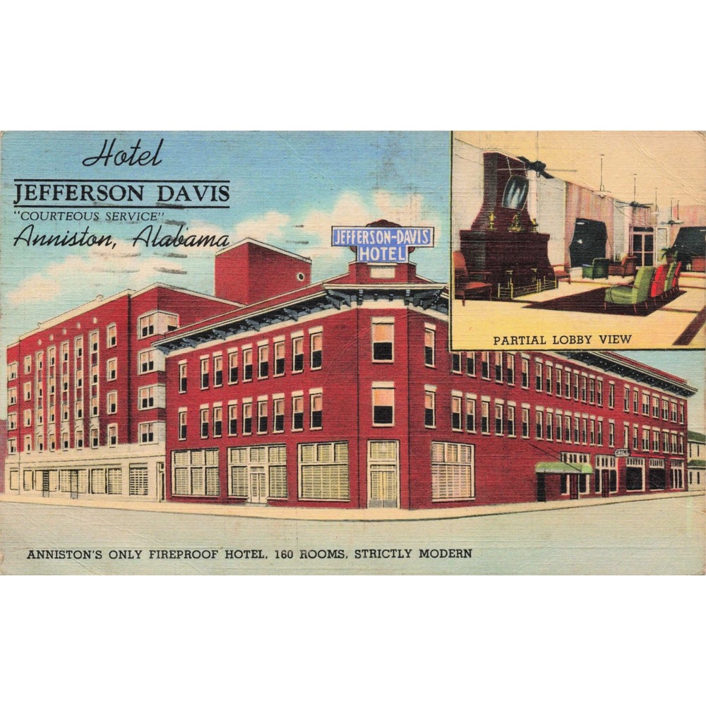 Vintage Hotel Jefferson Davis Anniston Alabama Postcard 1945 - Picture 1 of 2